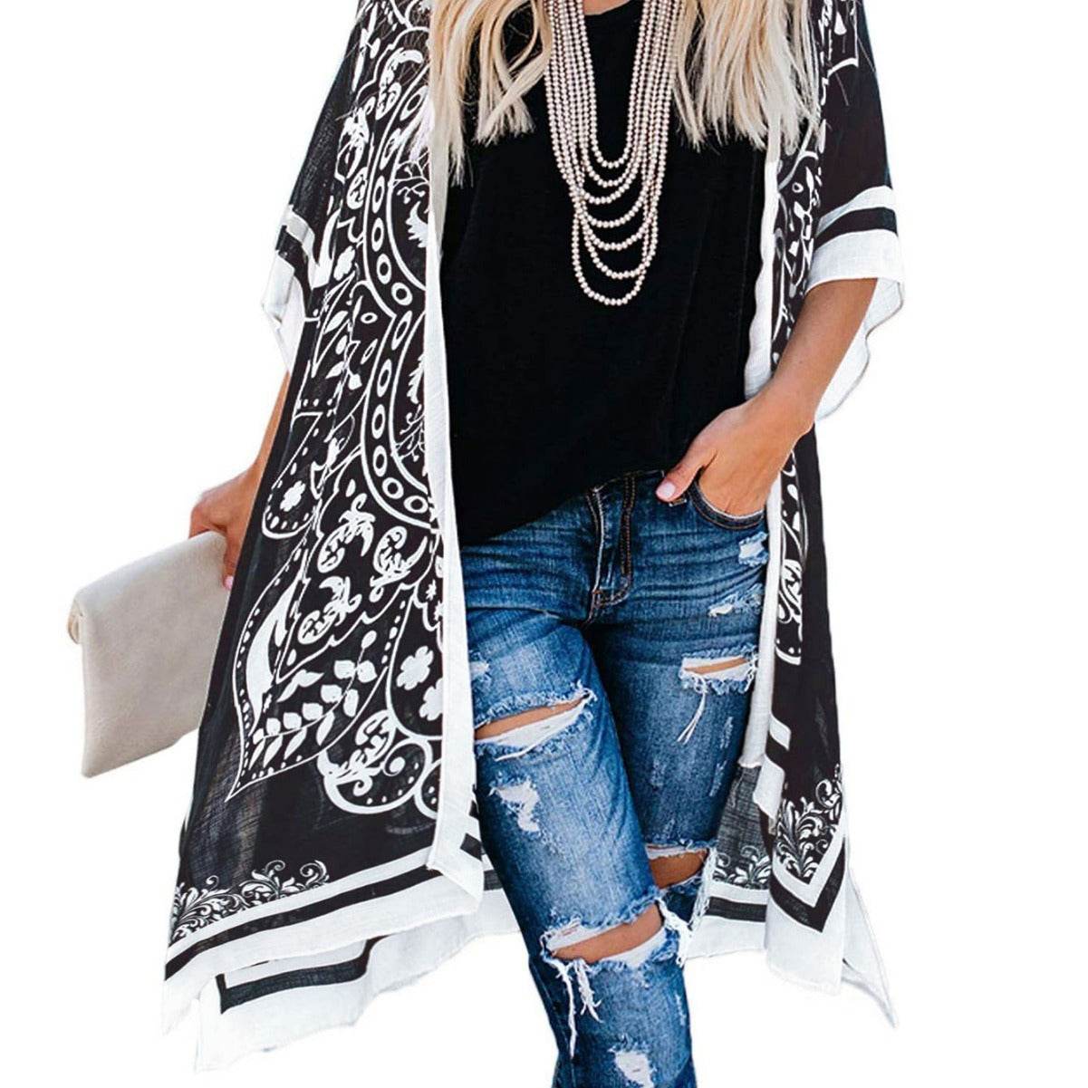 Spring Summer Printed Sun Protection Beach Kimono Cardigan Blouse top Women - Velora