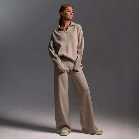 Fall Winter Two Piece Set Women's Simple Loose Solid Color Collar Sweater Set Fashion Casual Sport Wear Set - Velora