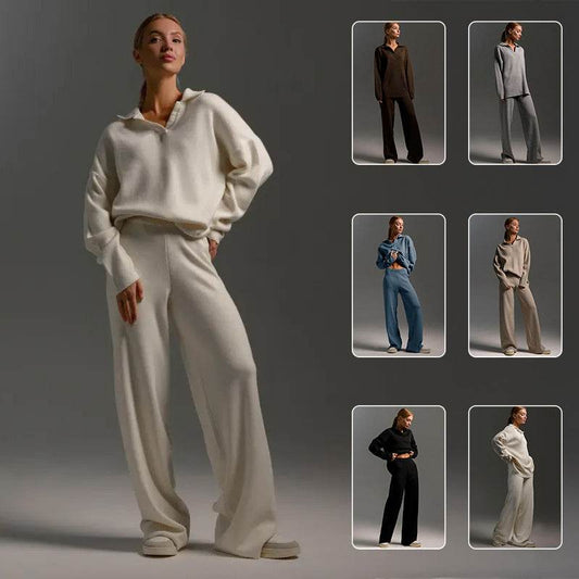Fall Winter Two Piece Set Women's Simple Loose Solid Color Collar Sweater Set Fashion Casual Sport Wear Set - Velora