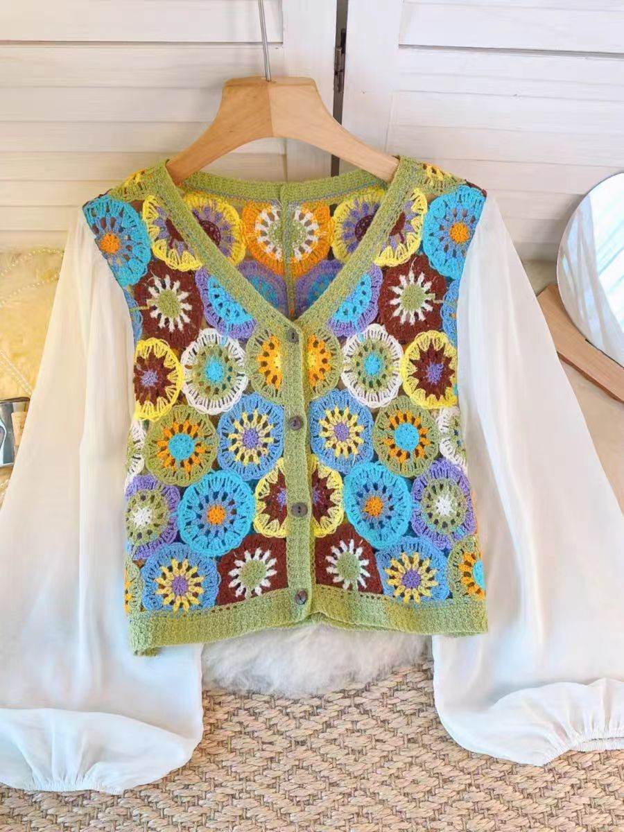 Summer Vacation Style Crocheted Hollow Design Knitted Chiffon Patchwork Long Sleeve Retro Slimming V-neck blouse top For Women - Velora