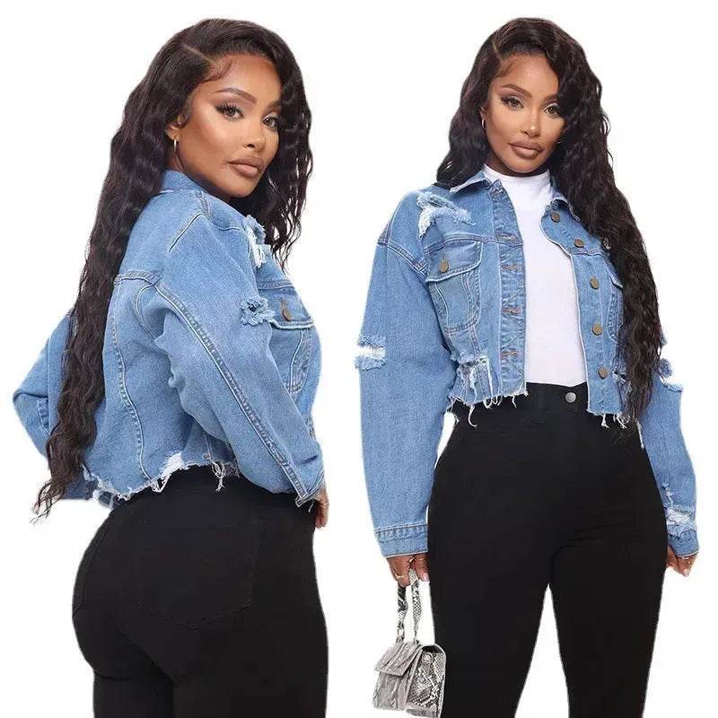 Fashionable Ripped Long sleeve Denim Jeans Crop jacket women short denim jacket oversized cropped denim jacket - Velora