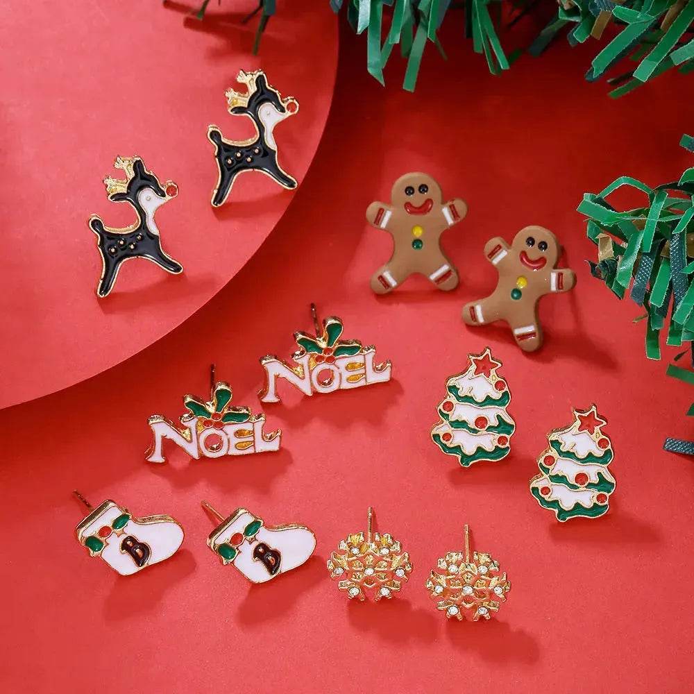 Christmas Stud Combination Suit Snowflake Elk Earrings - Velora