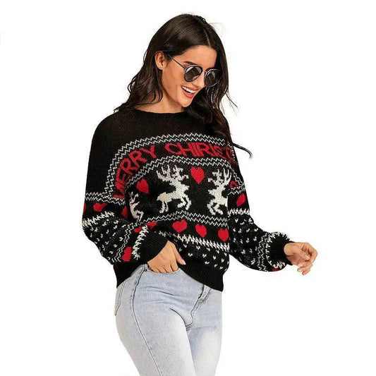 Christmas fawn Antics Reindeer Black pullover sweater - Velora