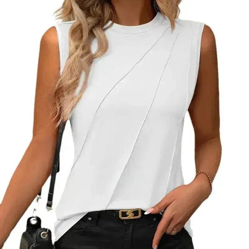 Summer Women's Solid Color Round Neck Sleeveless Loose Tops for Women suitable for Work business Events Ladies Evening Tops. - Velora