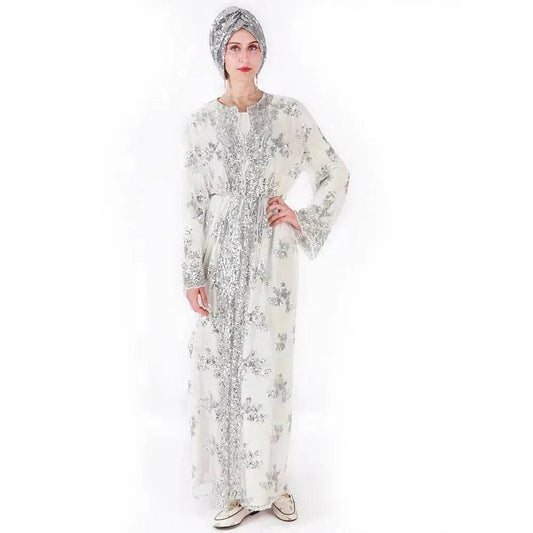 White Chiffon Sequin Embroidery Dubai Abaya Kimono Middle East ArabClothing - Velora