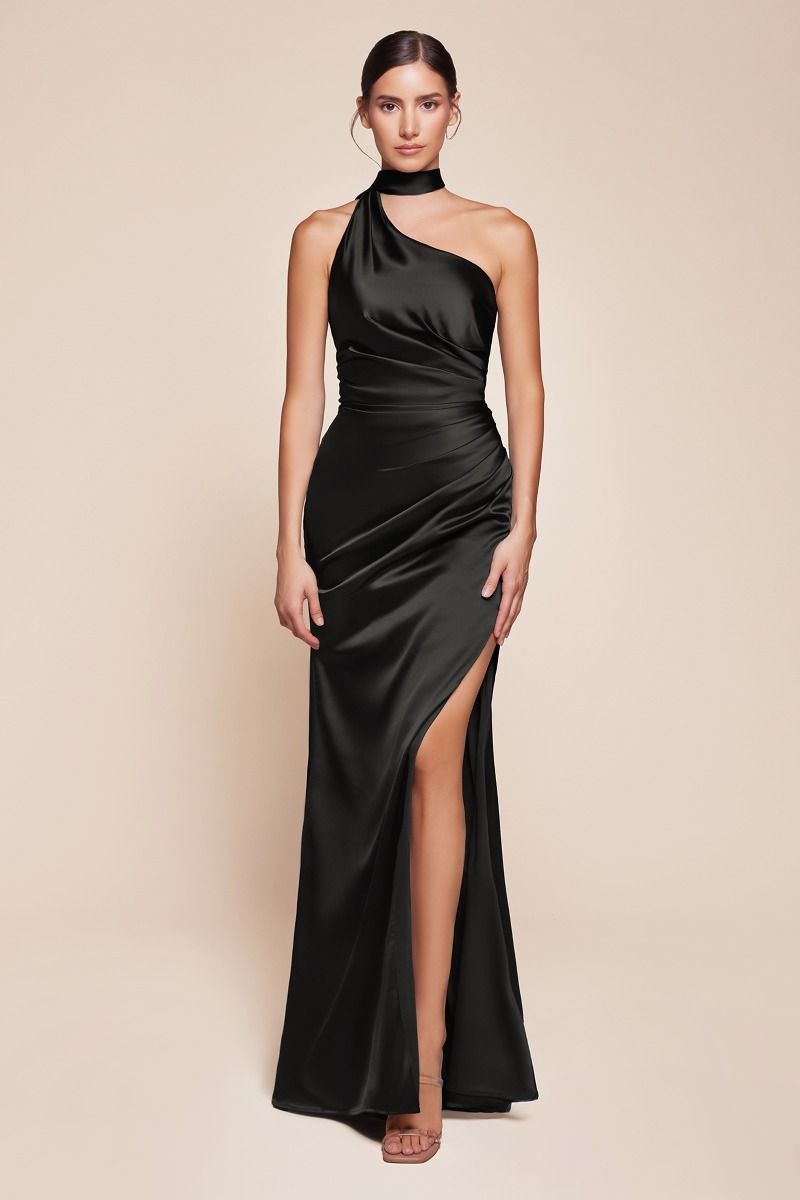 One shoulder neckline, gathered waistline & leg slit
