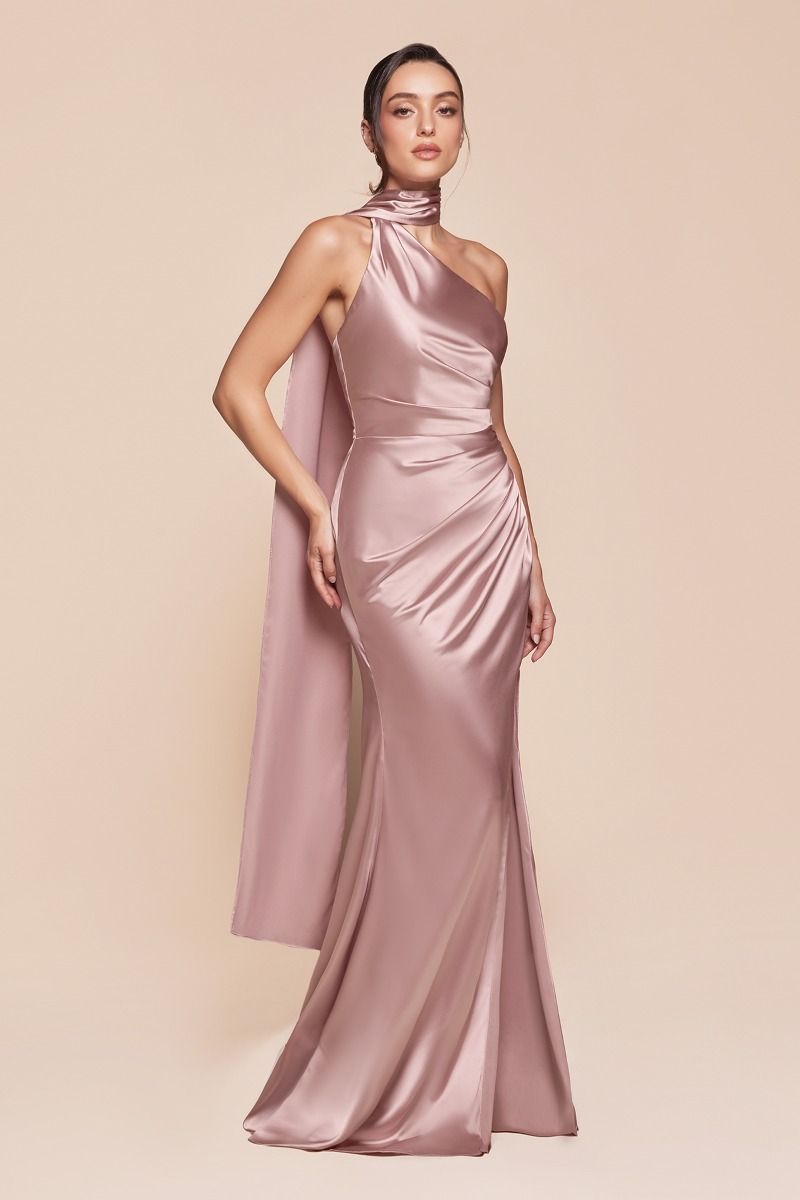 One shoulder neckline, gathered waistline & leg slit