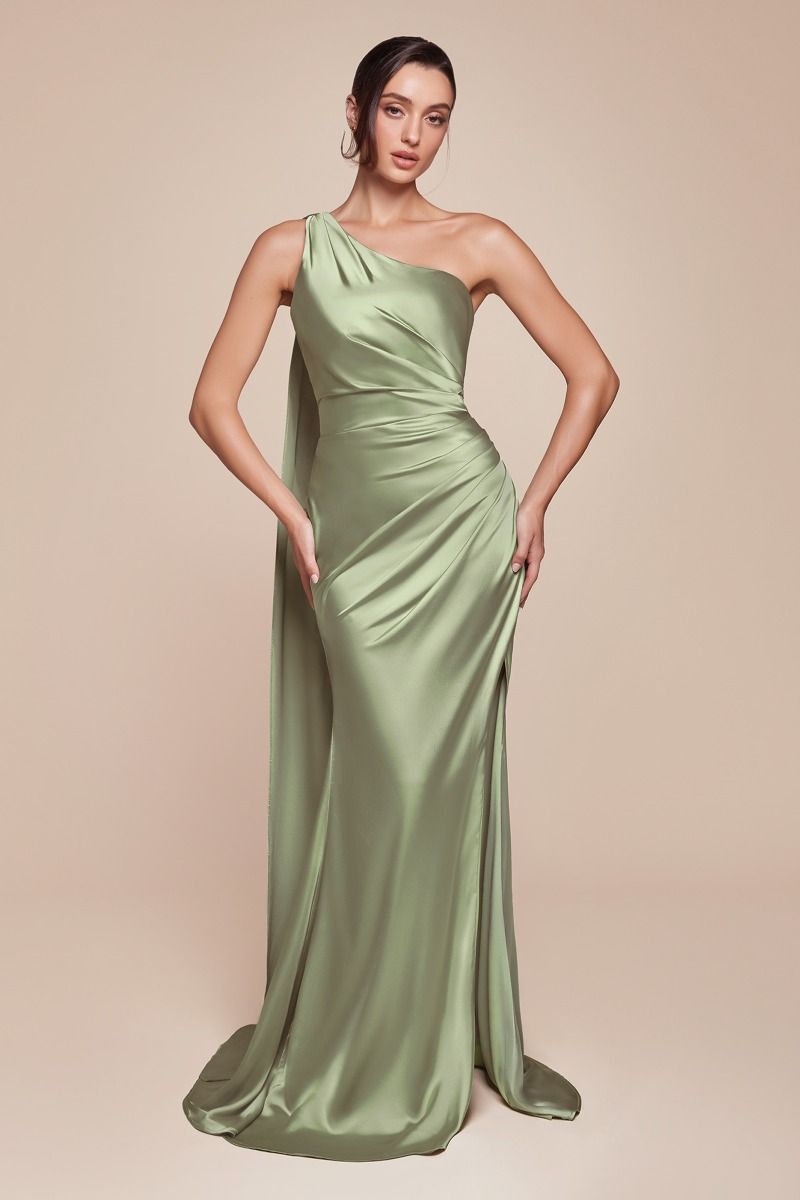 One shoulder neckline, gathered waistline & leg slit