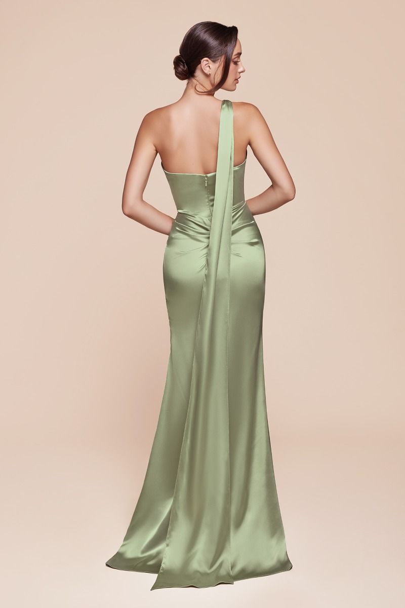 One shoulder neckline, gathered waistline & leg slit