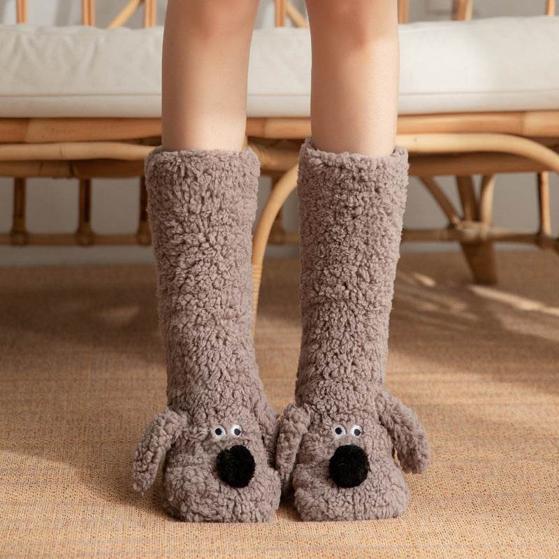 Cute Cartoon Dog Floor Socks Winter Warm Non-slip Plush Socks For Women - Velora