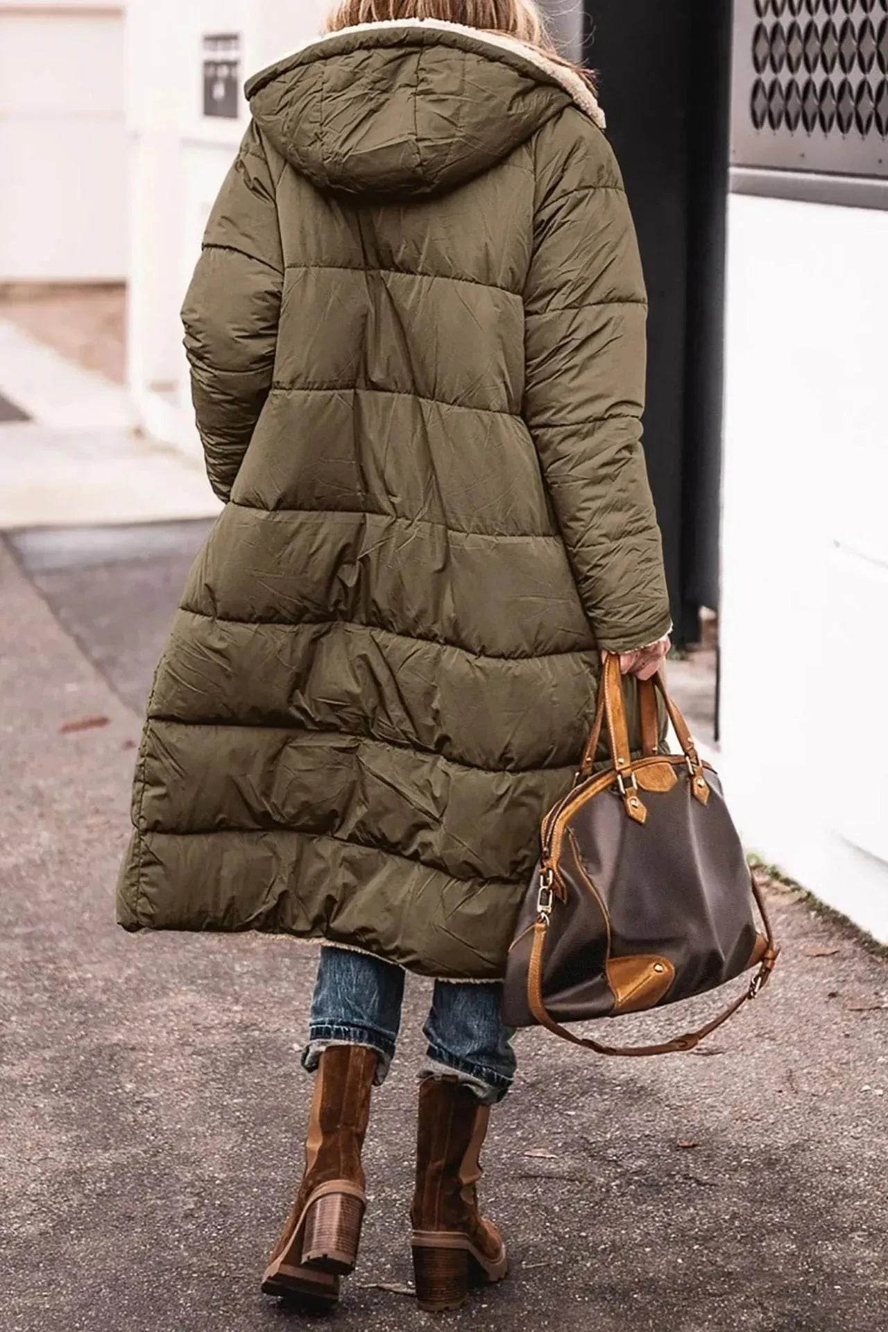 Classy Fleece lined Long Hooded Puffer Winter coat for women - Velora