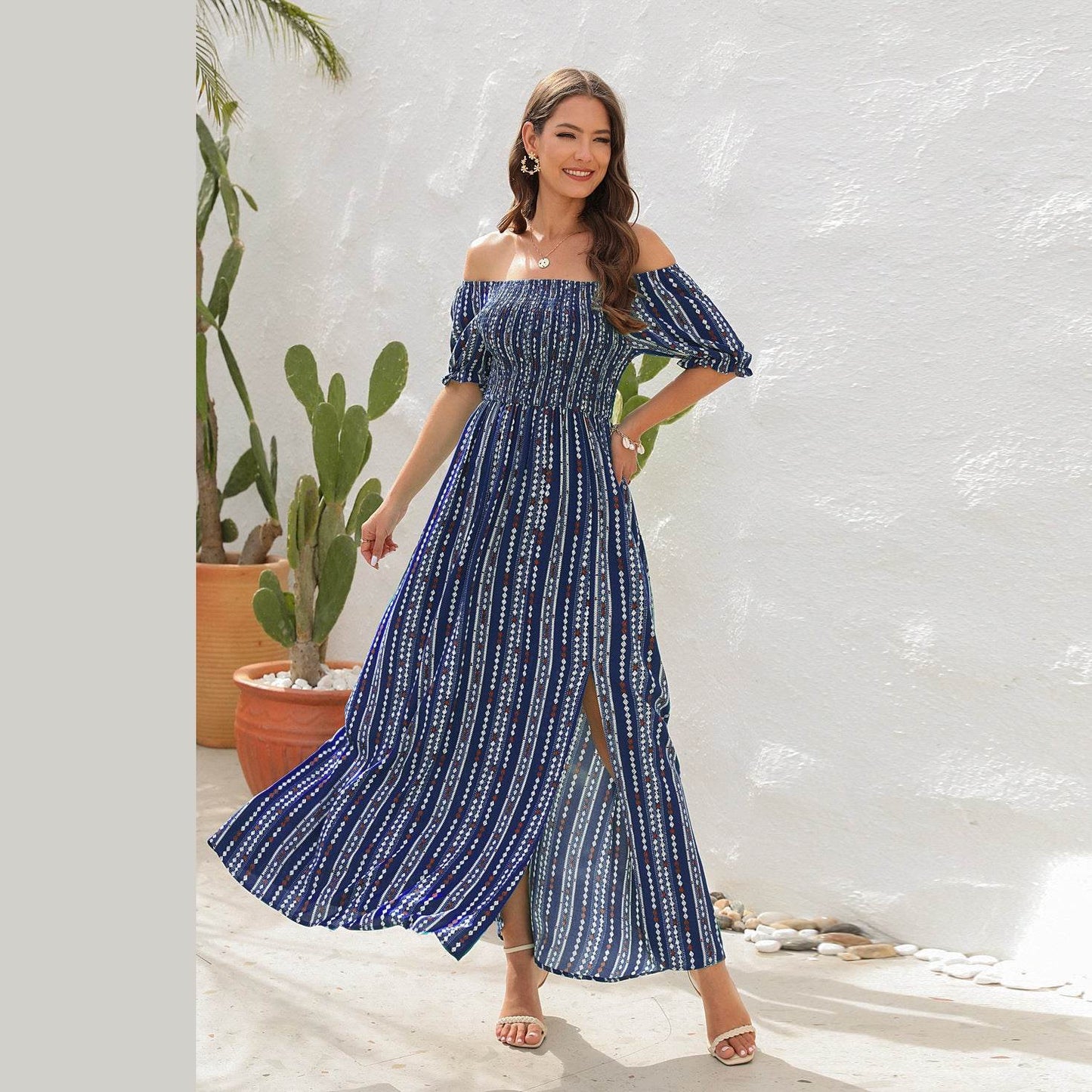 Elegant Off shoulder Spring Summer Maxi dress Slit Chiffon maxi dress for Beach vacation resort travel - Velora