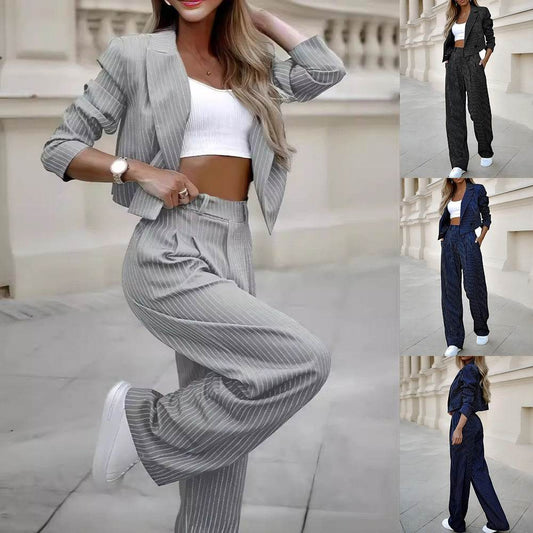 Fashion Striped Suits Casual Lapel Long Sleeve Cropped Top And Straight Pants Outfits Women's Clothing - Velora