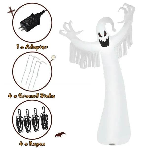 Spooky Halloween Inflatable Ghost - 12 Ft Tall With LED Lights, Waterproof Fabric, Spikes Ropes For Stability, White - Velora