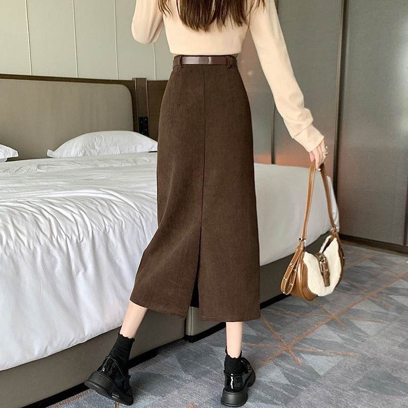 French-style Back slit High waist Midi Corduroy pencil Skirt for women - Velora