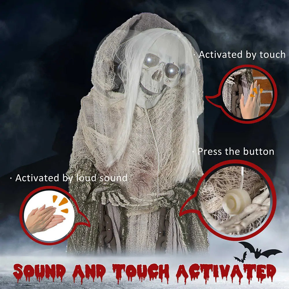 74inch Life Size Outdoor Halloween Decorations Skeleton Witch, Sound And Motion Activated Animated Prop Animatronic Decor With Light Up Eyes, Spooky Sound EX-STOCK Canada