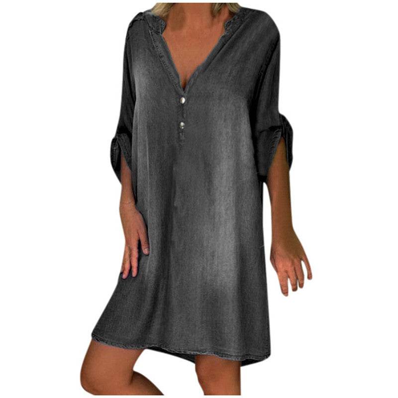 Casual Half Button Mid-sleeve loose Washed denim dress - Velora