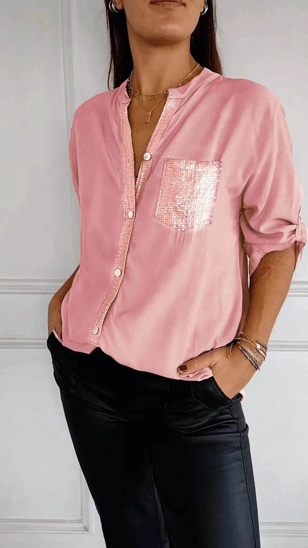 Casual Button-down Long Sleeve Shirt With Sequin Pocket Design Fashion Commuter Top Women Clothing - Velora