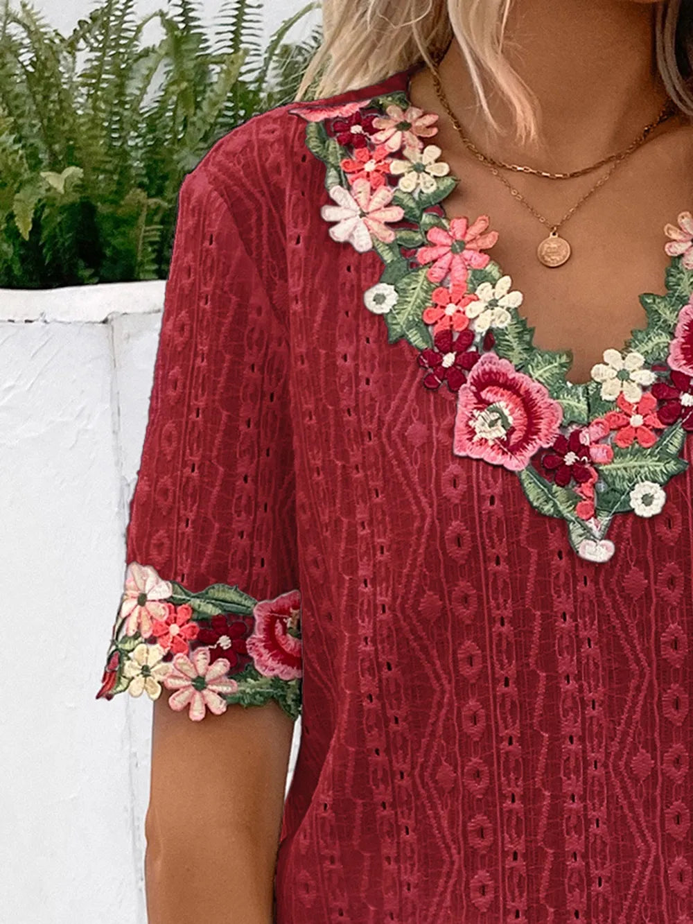 Ivy Lane Eyelet Embroidered V-Neck Short Sleeve Blouse - Velora