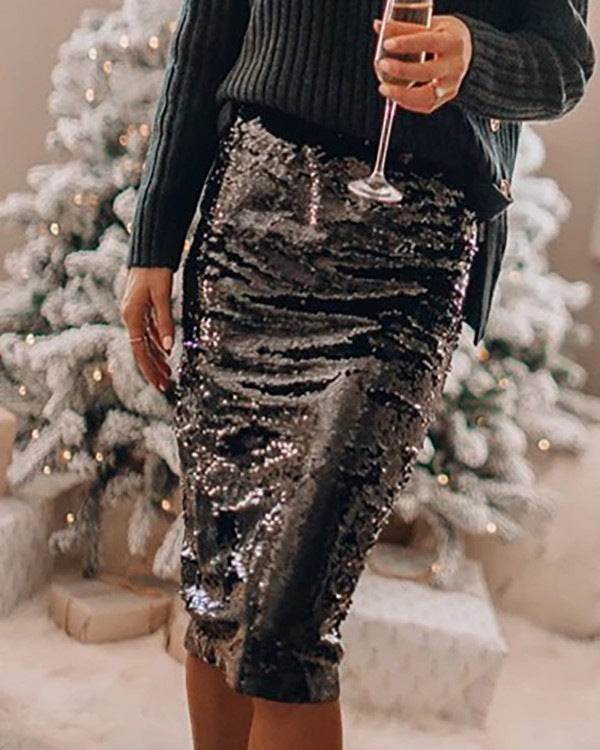 Sequined Glittering Hip A Line Pencil Midi Skirt - Velora