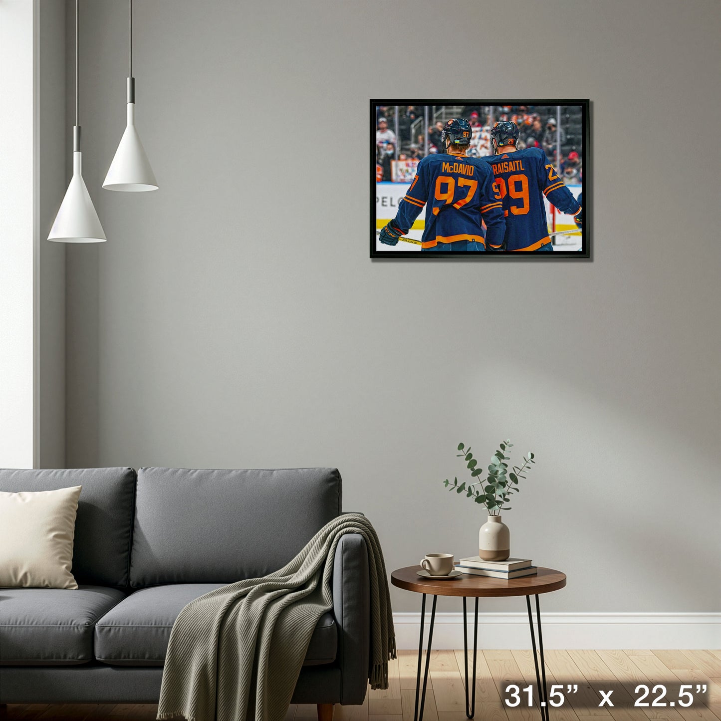 Connor McDavid and Leon Draisaitl 20x29 Framed Canvas Oilers Alternate Jersey Behind-H