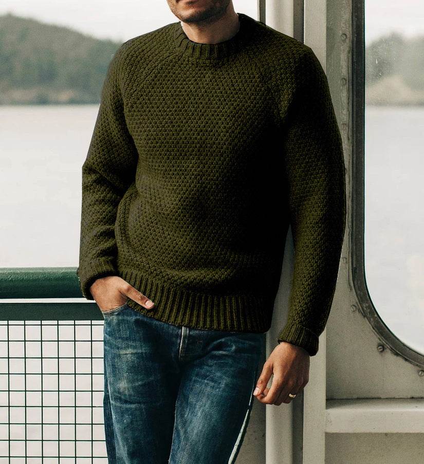Men's Pullover Sweater Winter Casual Solid Color Round Neck Knitted Top Clothing - Velora