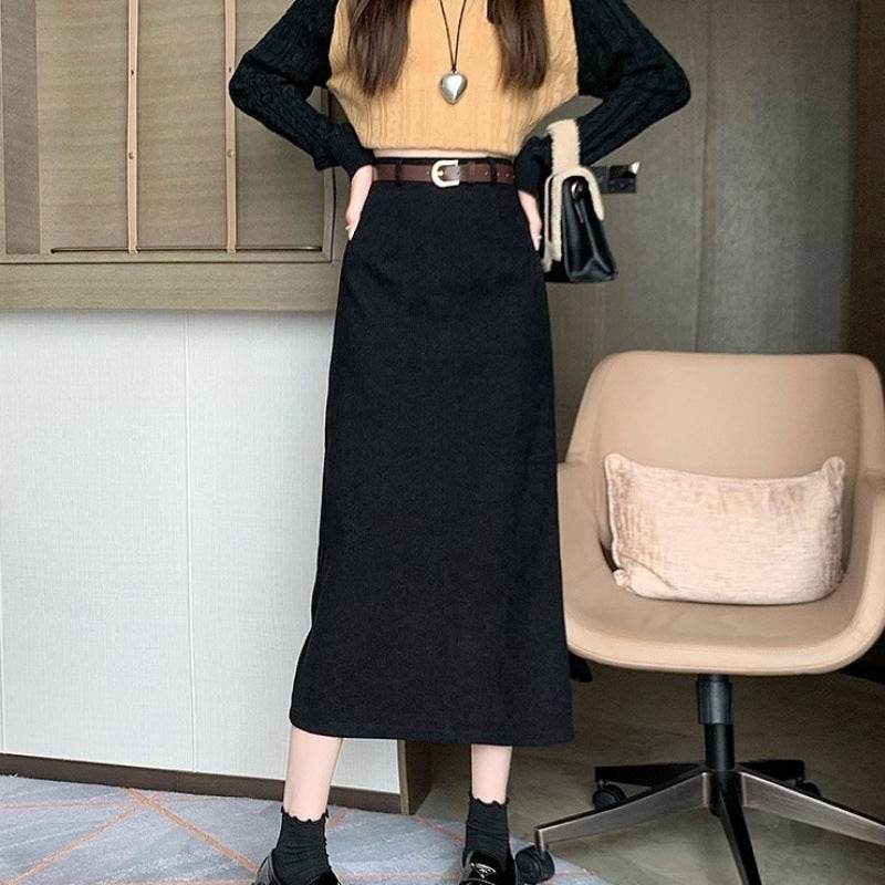 French-style Back slit High waist Midi Corduroy pencil Skirt for women - Velora