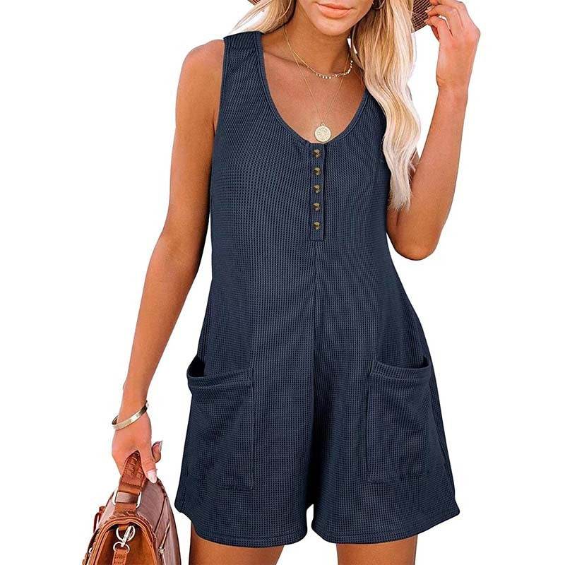 Women's Button Front Romper Jumpsuit With Pockets Casual Solid Color Sleeveless Summer Jumpsuit - Velora