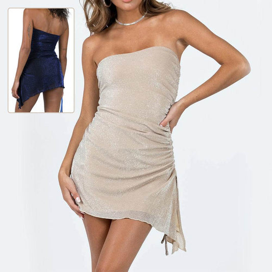 Women's Strapless Tube Top Short Skirt Drawstring Mini Dress - Velora