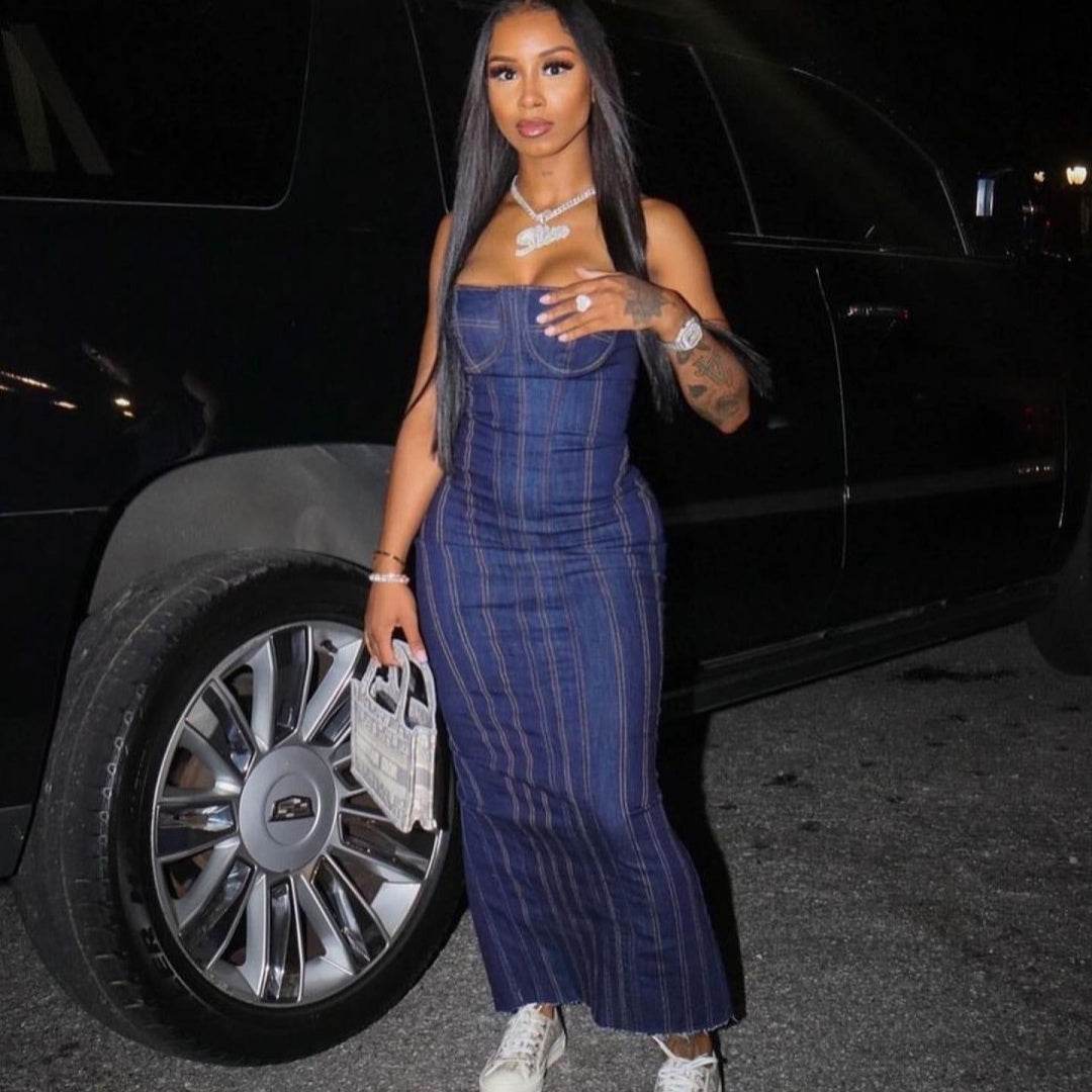 Fashion Strapless Tube Top Denim Long Fitted Jeans Dress - Velora