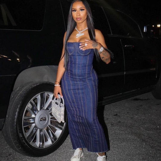 Fashion Strapless Tube Top Denim Long Fitted Jeans Dress - Velora
