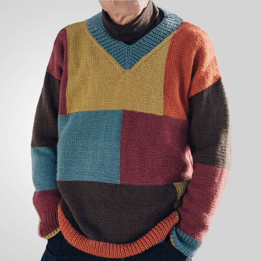 Fashion Youth Men's Knitwear V-neck Color-block Long Sleeve Pullover - Velora