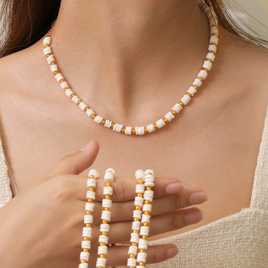 Light Luxury Shell Beaded Titanium Steel Plated Bracelet And Necklace Set - Velora