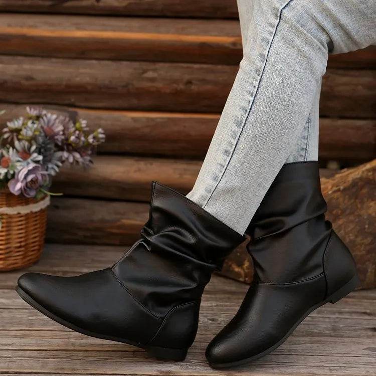 Fashion Round-toed Flat Boots Versatile Simple Slip-on Western Cowboy Boot Casual Short Shoes For Women - Velora