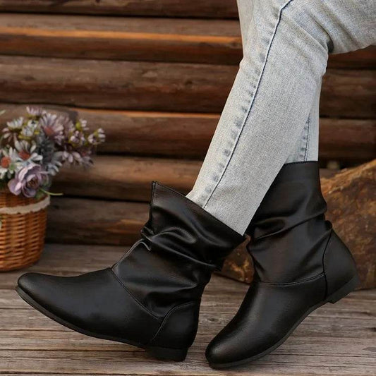 Fashion Round-toed Flat Boots Versatile Simple Slip-on Western Cowboy Boot Casual Short Shoes For Women - Velora