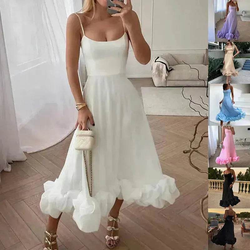 Fashion Suspenders Large Flower Swing Three-dimensional Flower A- Line Skater Dress Womens Clothing - Velora