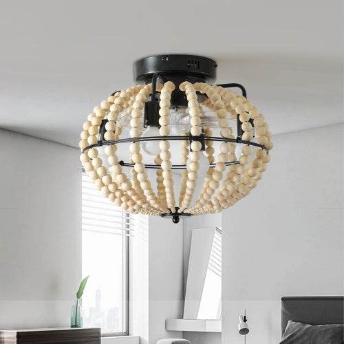 Beaded Fan Lamp Wooden Beaded Chandelier Oak White - Velora