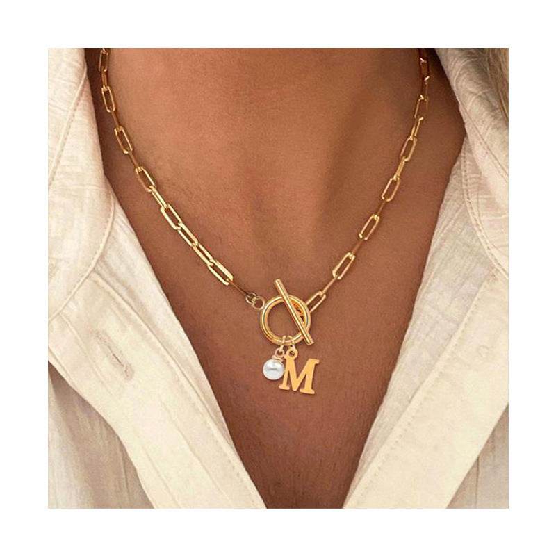 European And American 26 English Letter Necklace Stainless Steel Clip Chain Imitation Pearl Pendant For Women And Men - Velora
