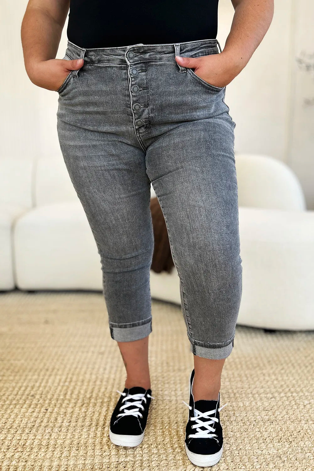 Judy Blue Full Size Button Fly High Waist Cuffed Capris - Velora