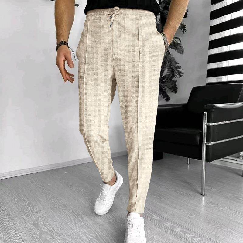 Men's Casual Fashion Waffle High Waist Drawstring Elastic fitted straight leg Pant - Velora