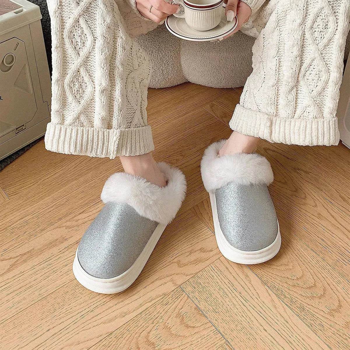 Fashion Frosted Sequined Plush Slippers Winter Warm Home Indoor Non-slip Bedroom Floor Fuzzy Slipper For Couple Women House Shoes - Velora