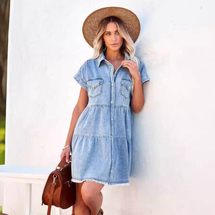 Casual Fashion Denim Short Sleeve loose mini Dress - Velora