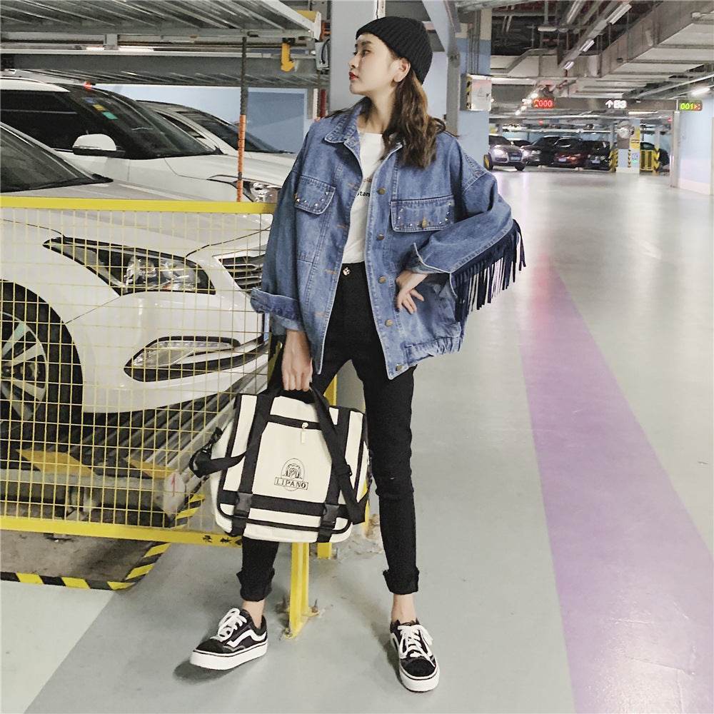 Elegant women Oversized Embroidered Tassel Fringe Denim Jacket - Velora