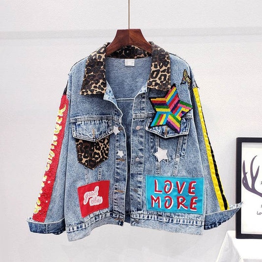 Single Breasted Embroidered Leopard Collar Denim Jacket Women - Velora