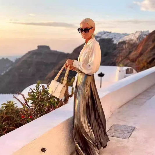 Satin Long Sleeve Shirt & Glossy pleated maxi Skirt 2pcs - Velora