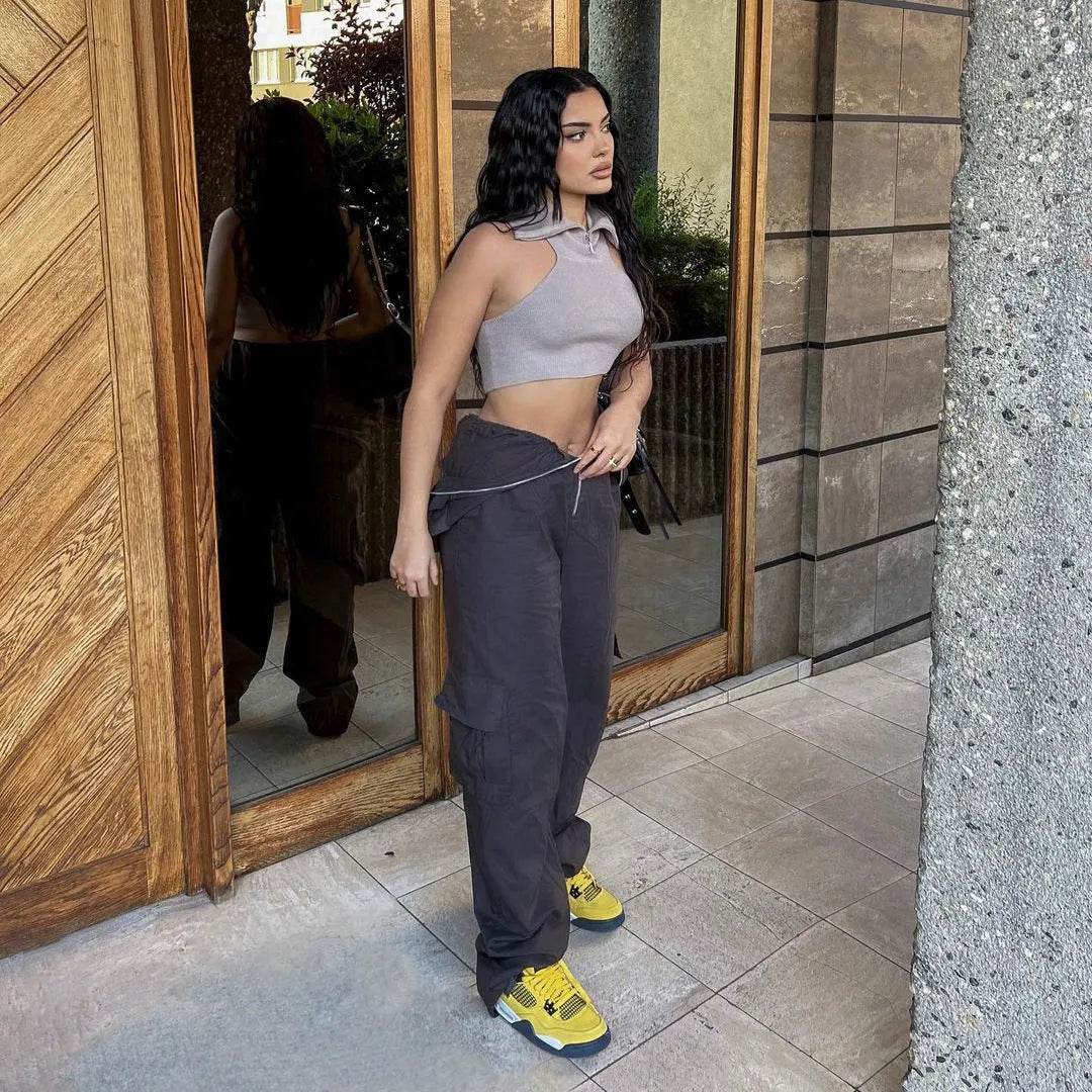 Solid Color High-waisted Zipper V Loose Straight Pocket Street fashion Cargo Pants Women - Velora