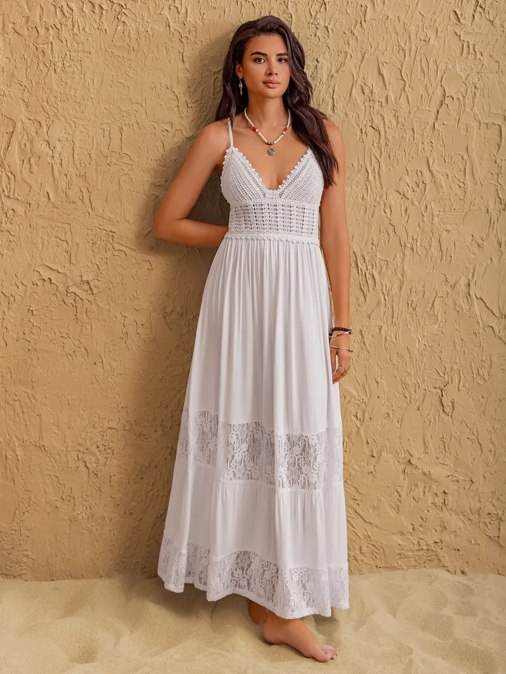Lace Detail Crochet Tiered Maxi Cami Dress - Velora