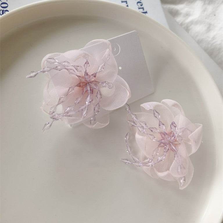 Temperament Flower Sweet Tulle Beaded Exaggerated Earrings - Velora