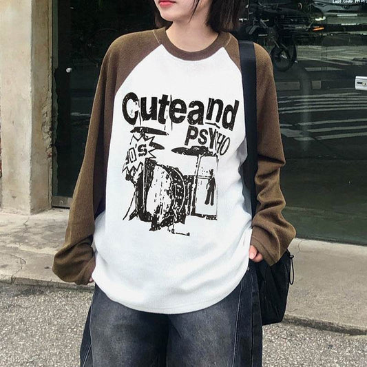 American Retro Casual Contrast Color Printed Sweater - Velora