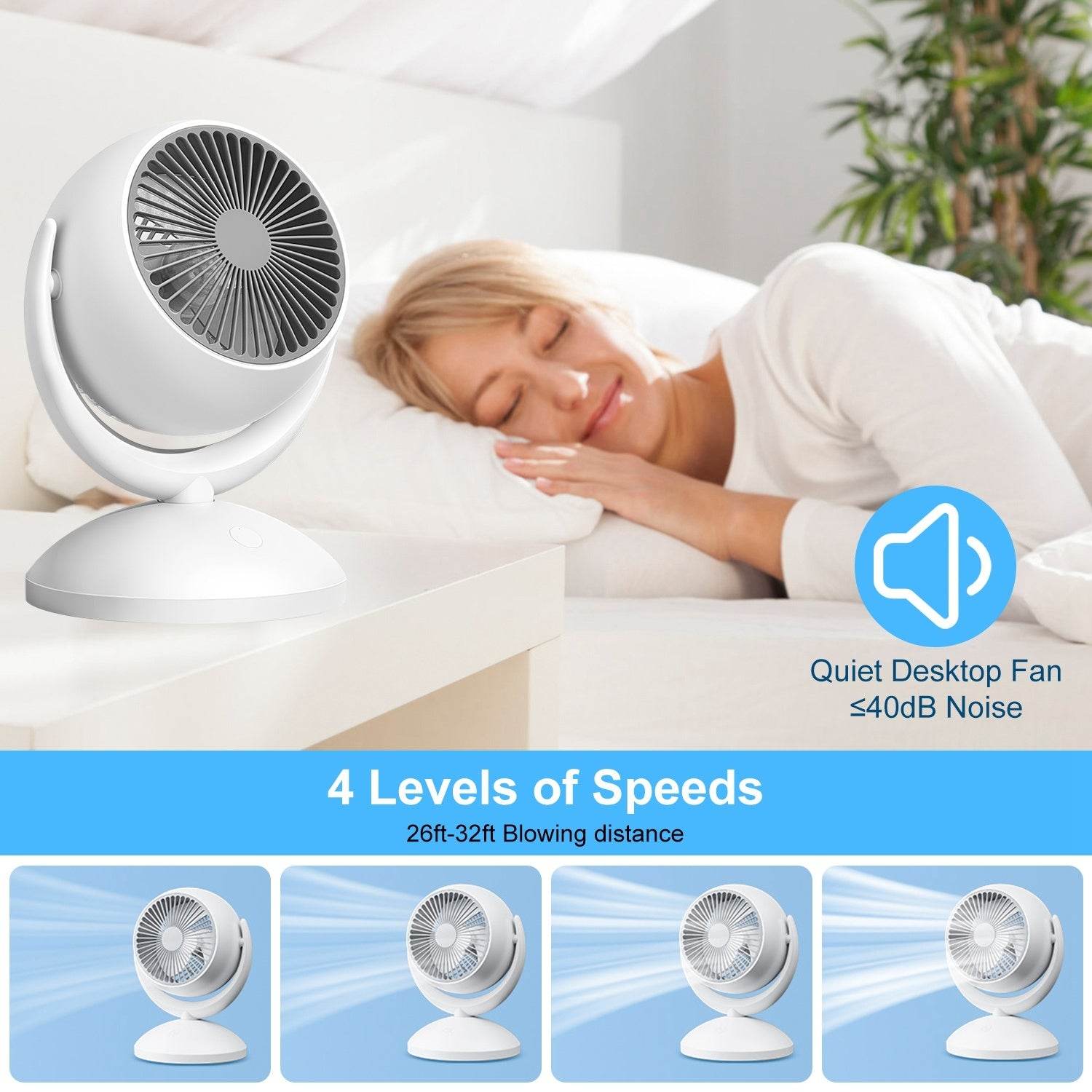 Portable Desk Fan Rechargeable Oscillating Tilting Fan With 4 Speeds 360 Degree - Velora